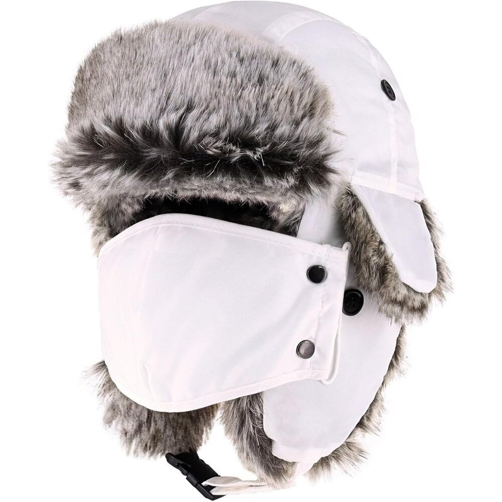 Men White Unisex Waterproof Ushanka Trapper Hat with Ear Flaps & Chin Strap